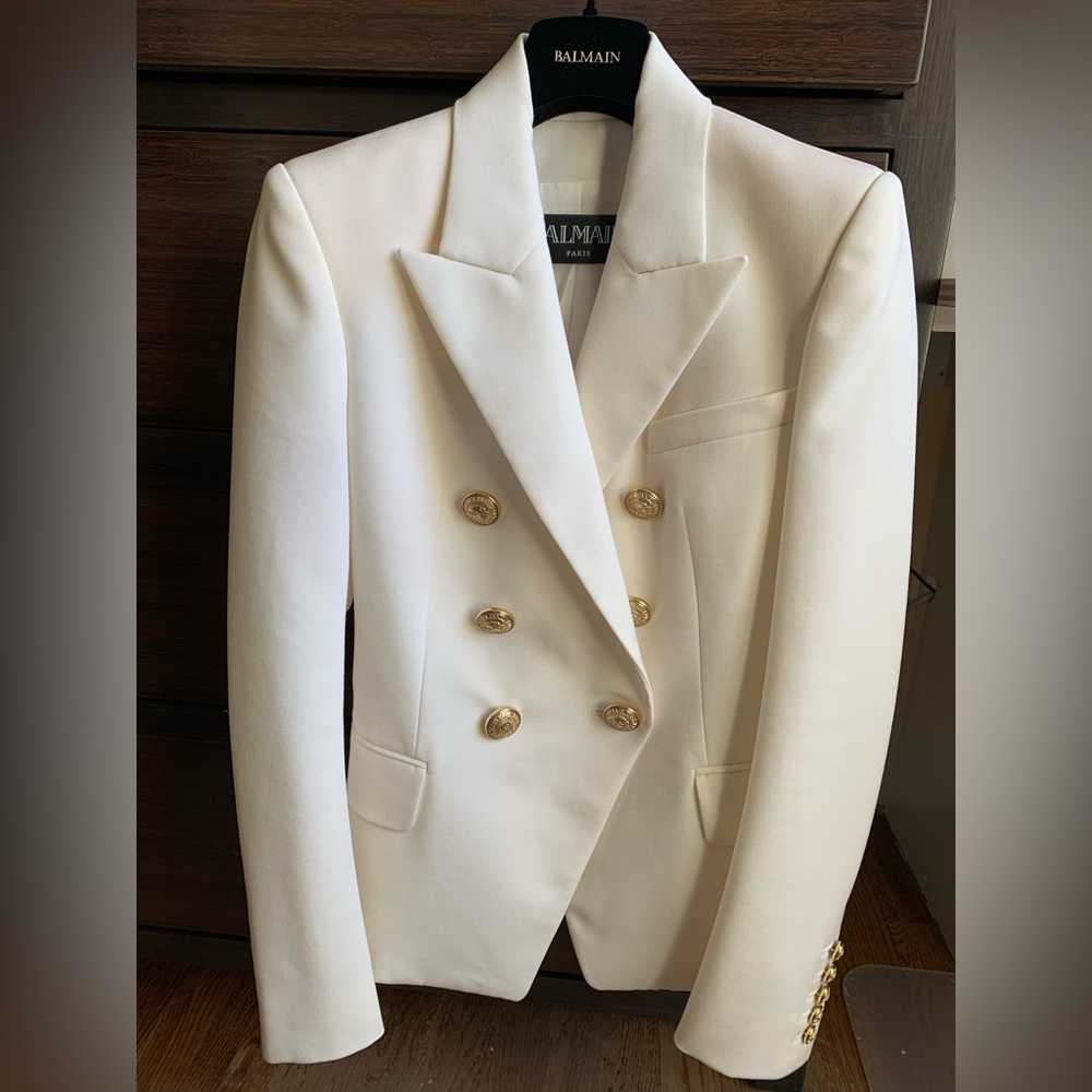 Balmain Double-Breasted Wool Blazer in Ivory.